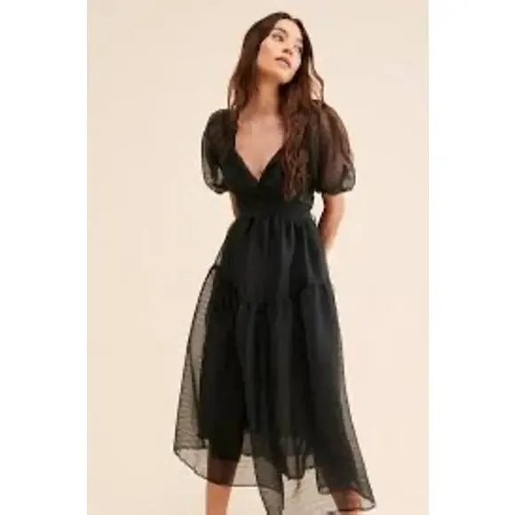 NWT Free People Hailey Puff Sleeve Sheer Midi Dress Black Size 12 $168 Romantic - Picture 2 of 11